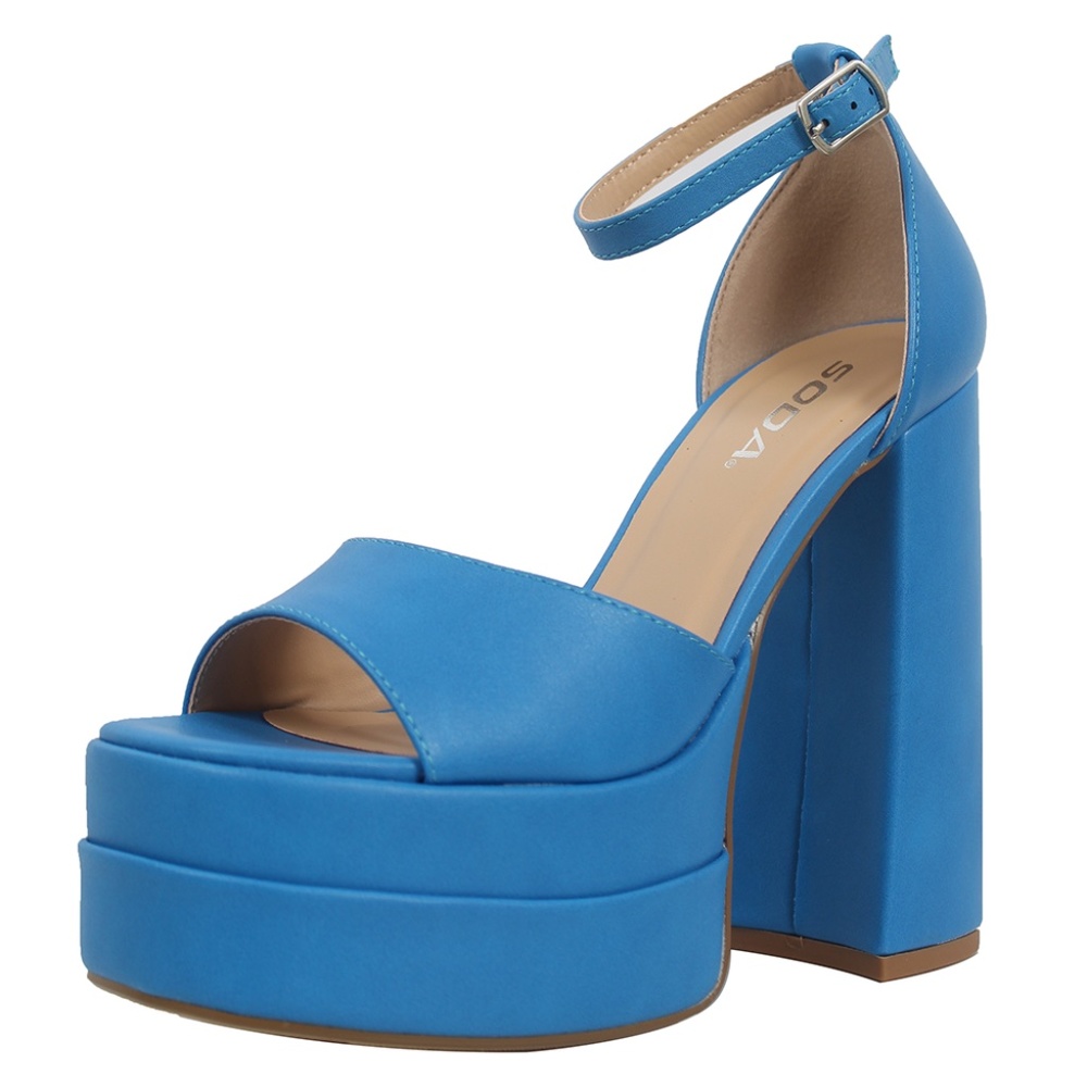 Cobalt Blue  Faux Leather High Platform Chunky Block Ankle Strap Heel